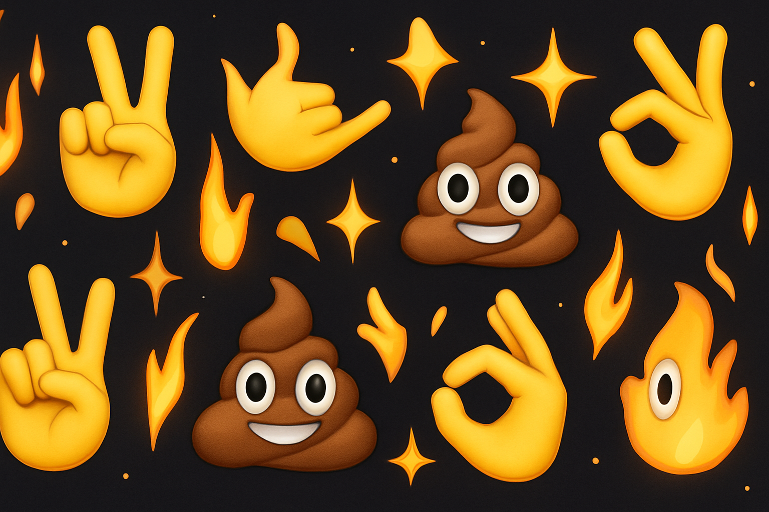 Das Bild zeigt vier Emojis: Kackhaufen, Peace, OK und Call me